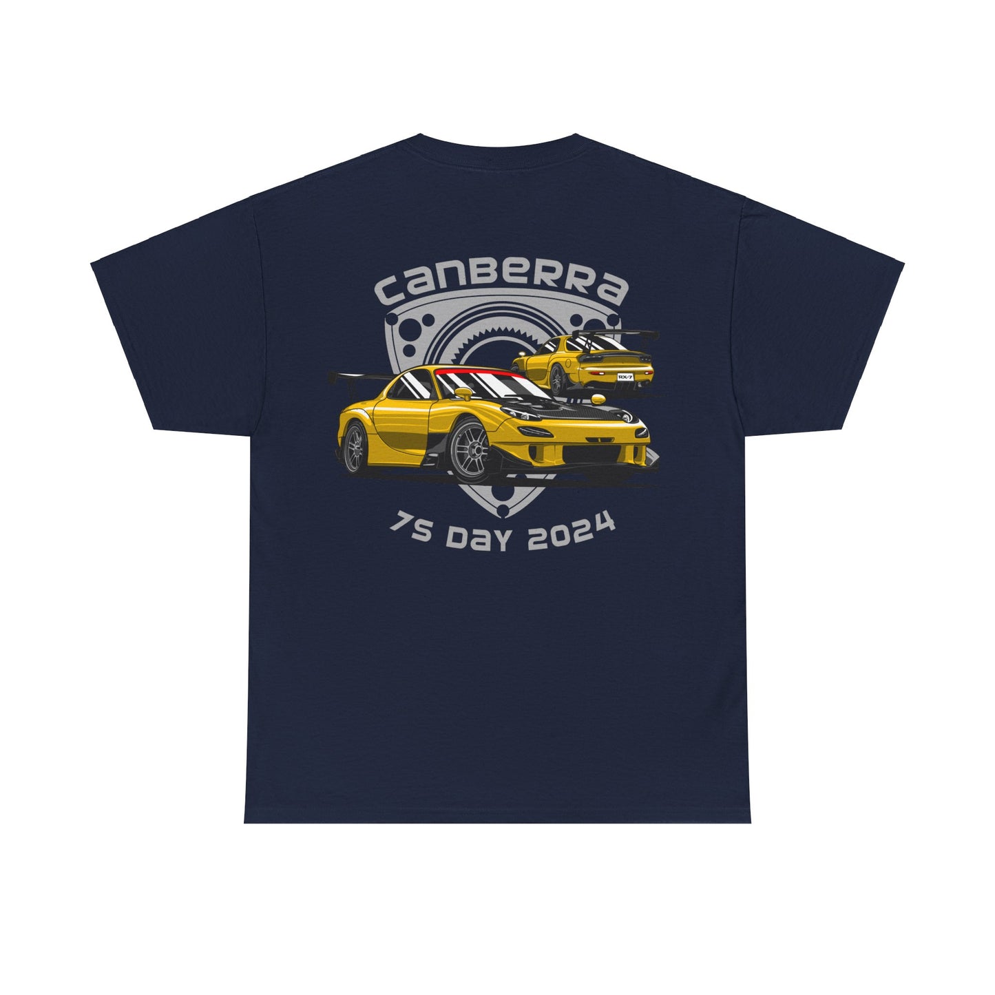 Canberra 7s Day - Gildan Unisex Heavy Cotton Tee - 7s Logo with Mazda RX-7 FD and Rotor background Back (Standard)