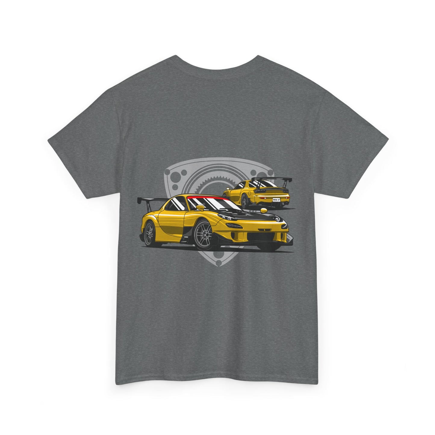 MAZDACT - Gildan Unisex Heavy Cotton Tee - Mazda RX-7 FD with Rotor background Back (Standard)