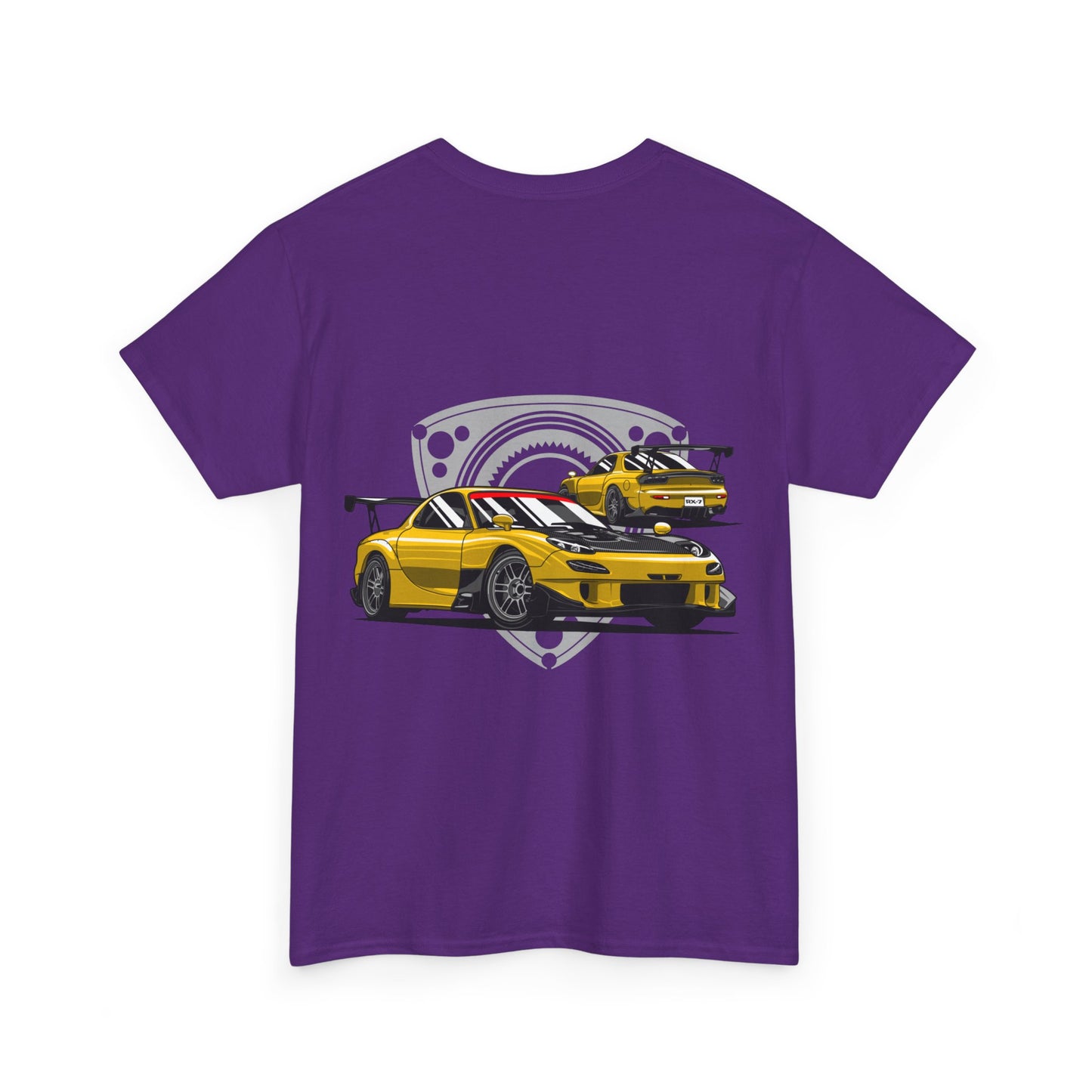 MAZDACT - Gildan Unisex Heavy Cotton Tee - Mazda RX-7 FD with Rotor background Back (Standard)