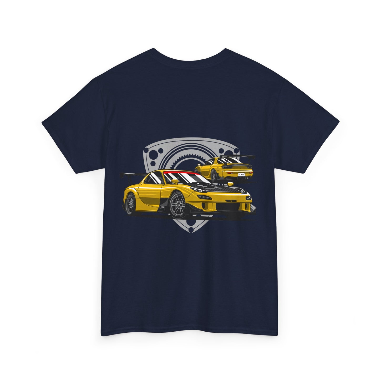 MAZDACT - Gildan Unisex Heavy Cotton Tee - Mazda RX-7 FD with Rotor background Back (Standard)