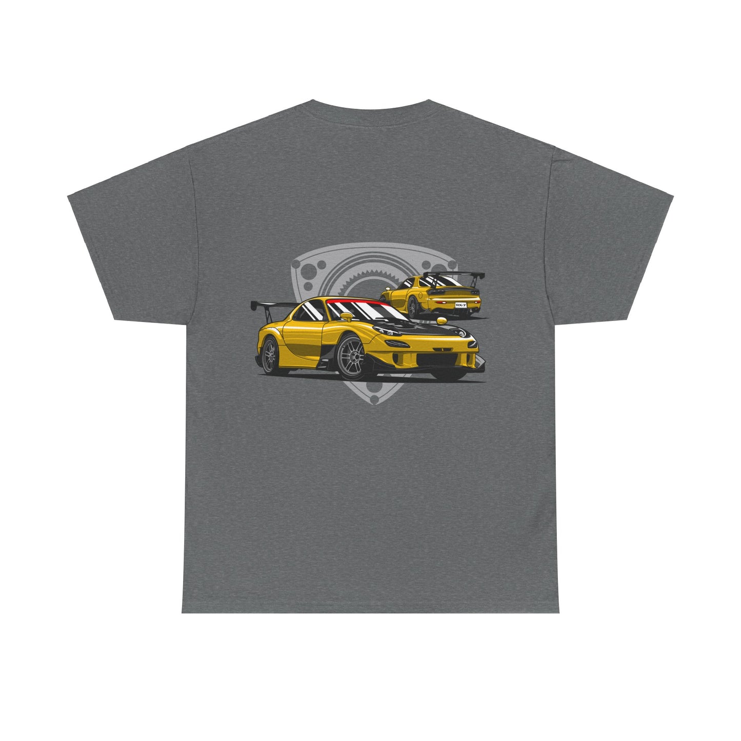 MAZDACT - Gildan Unisex Heavy Cotton Tee - Mazda RX-7 FD with Rotor background Back (Standard)