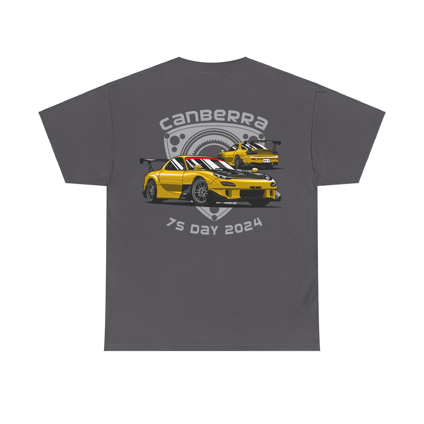 Canberra 7s Day - Gildan Unisex Heavy Cotton Tee - 7s Logo with Mazda RX-7 FD and Rotor background Back (Standard)