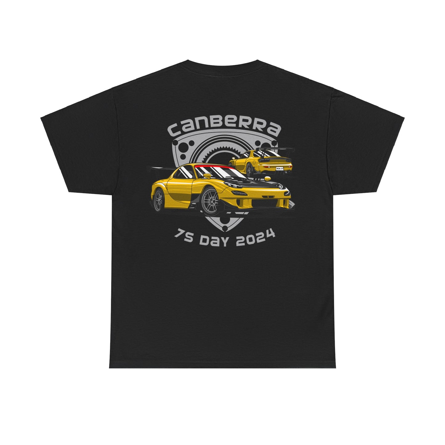 Canberra 7s Day - Gildan Unisex Heavy Cotton Tee - 7s Logo with Mazda RX-7 FD and Rotor background Back (Standard)