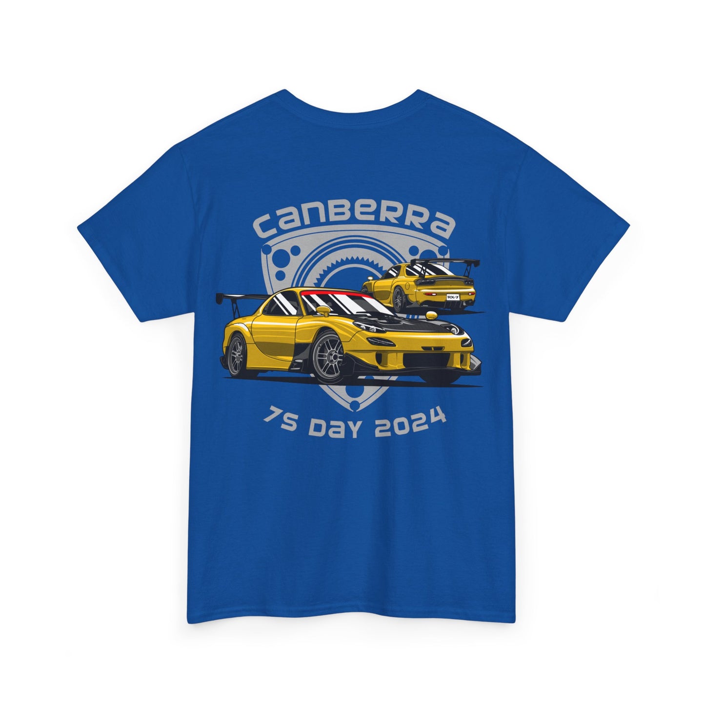 Canberra 7s Day - Gildan Unisex Heavy Cotton Tee - 7s Logo with Mazda RX-7 FD and Rotor background Back (Standard)