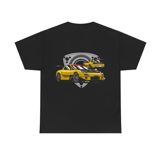 MAZDACT - Gildan Unisex Heavy Cotton Tee - Mazda RX-7 FD with Rotor background Back (Standard)