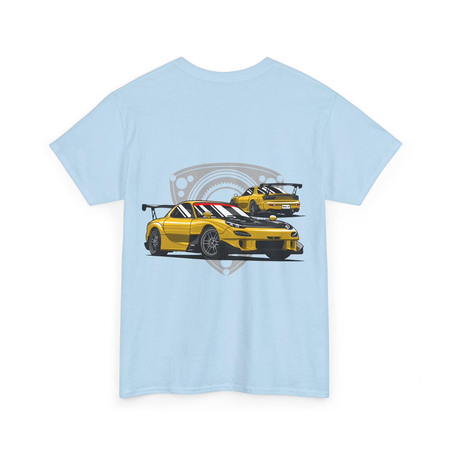 MAZDACT - Gildan Unisex Heavy Cotton Tee - Mazda RX-7 FD with Rotor background Back (Standard)