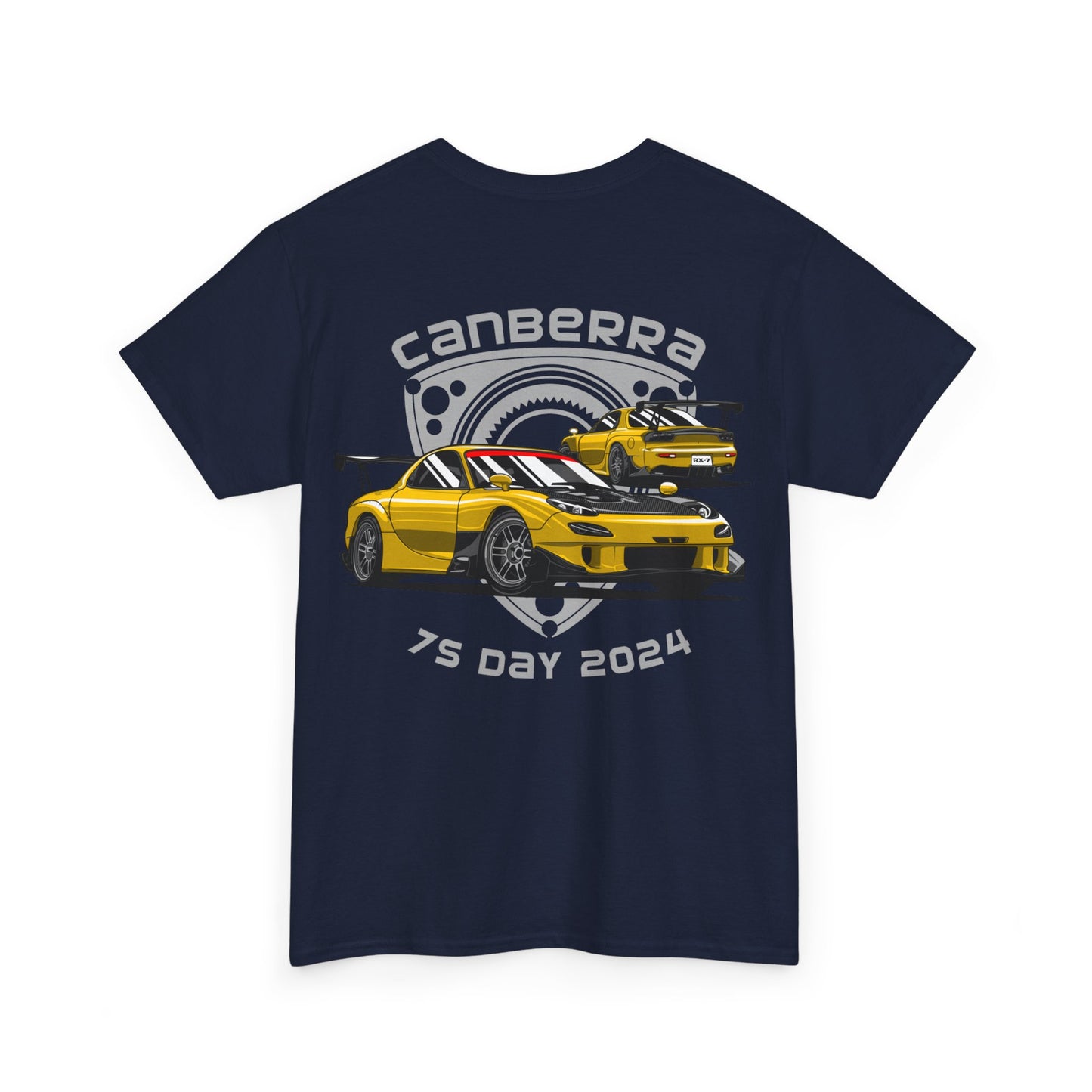 Canberra 7s Day - Gildan Unisex Heavy Cotton Tee - 7s Logo with Mazda RX-7 FD and Rotor background Back (Standard)