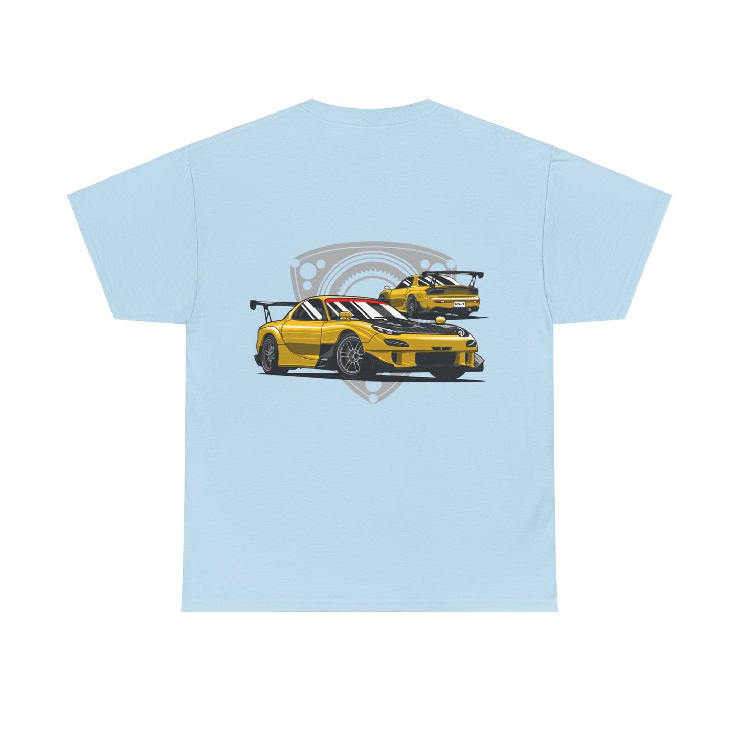 MAZDACT - Gildan Unisex Heavy Cotton Tee - Mazda RX-7 FD with Rotor background Back (Standard)