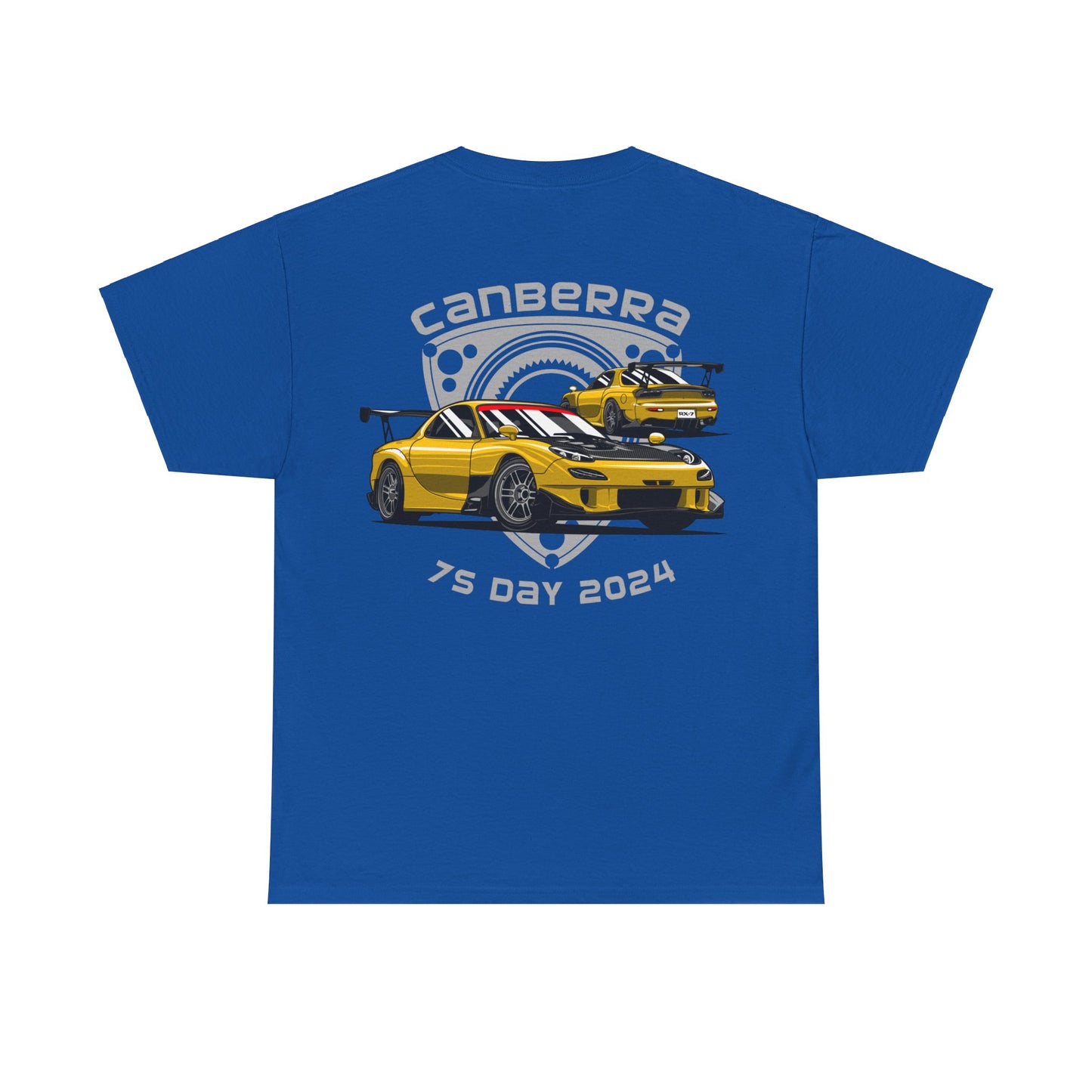 Canberra 7s Day - Gildan Unisex Heavy Cotton Tee - 7s Logo with Mazda RX-7 FD and Rotor background Back (Standard)