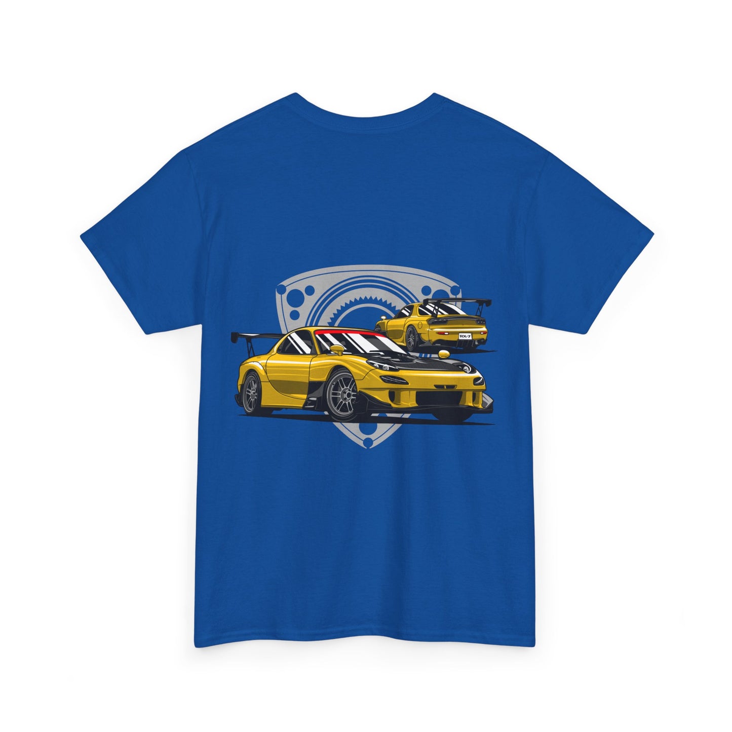 MAZDACT - Gildan Unisex Heavy Cotton Tee - Mazda RX-7 FD with Rotor background Back (Standard)