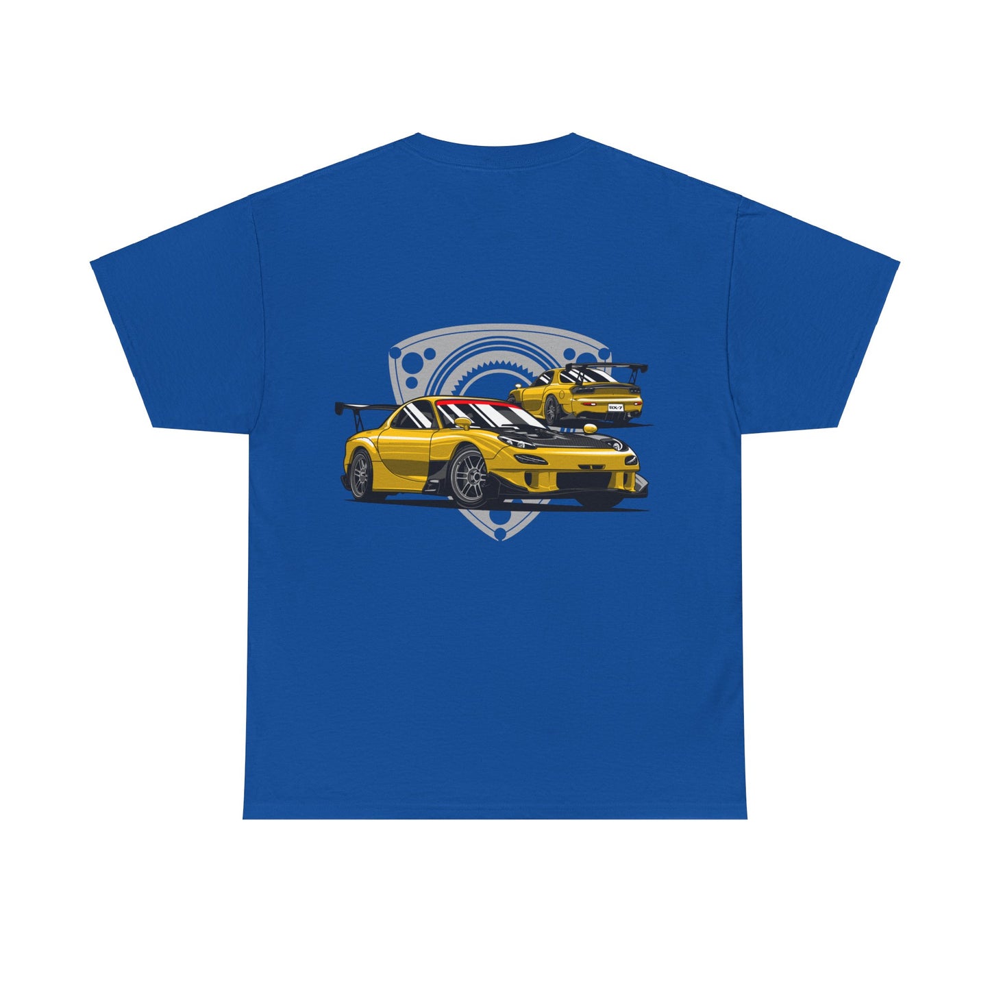 MAZDACT - Gildan Unisex Heavy Cotton Tee - Mazda RX-7 FD with Rotor background Back (Standard)