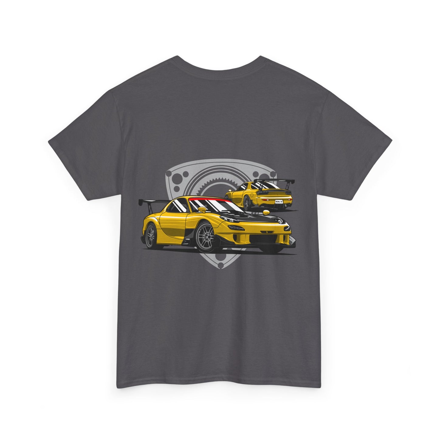 MAZDACT - Gildan Unisex Heavy Cotton Tee - Mazda RX-7 FD with Rotor background Back (Standard)