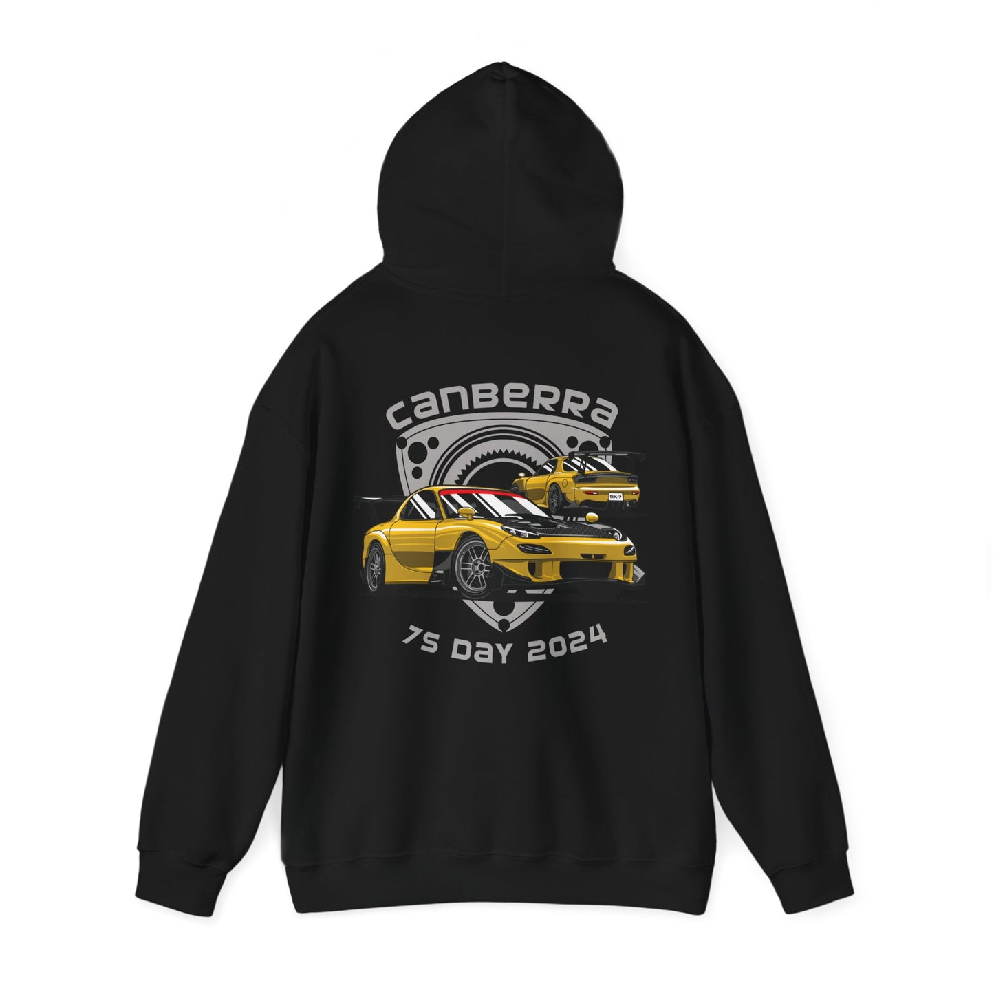 Canberra 7s Day - Gildan Unisex Hoodie with branded with a Mazda RX-7 and Rotor (Standard)